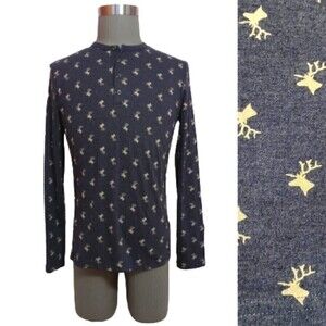 21 Men Reindeer Print Men's Knit Henley Casual Shirt Grey/Beige Medium